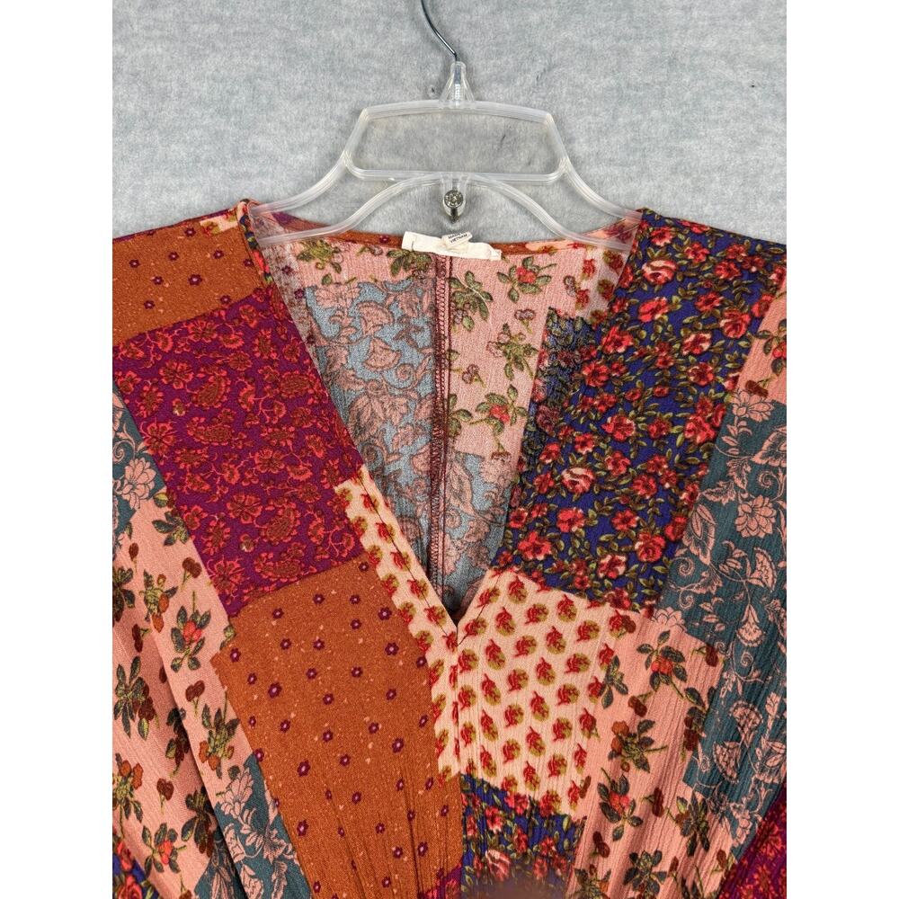 Easel Patchwork Print V-Neck Maxi Dress Ruffle Hem Kimono Sleeve Boho Flowy - Picture 5 of 12